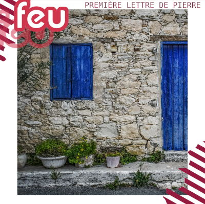 mur de pierres, volet bleu, porte bleue, plantes en pot