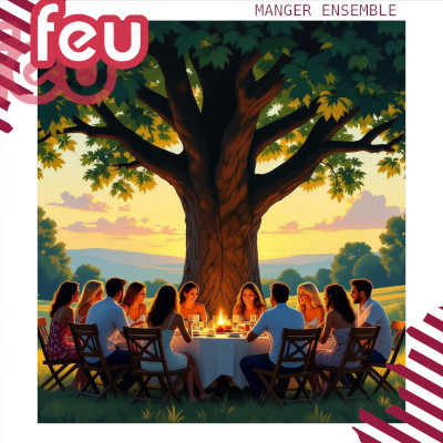 un groupe d'amis à table sous un arbre un soir d'été