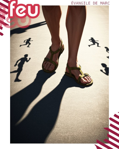 des pieds chaussés de sandales piétinent un sol où des ombres semblent être en déroute