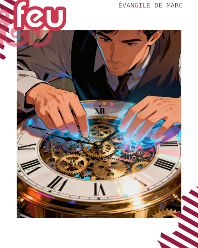 un homme répare le mécanisme d'une horloge, ses mains semblent traverser l'extérieur de l'horloge pour atteindre le mécanisme