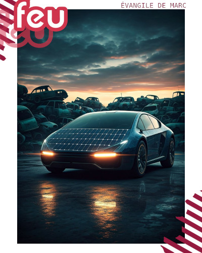 une voiture électrique en fonction au milieu d'une casse de véhicule thermiques