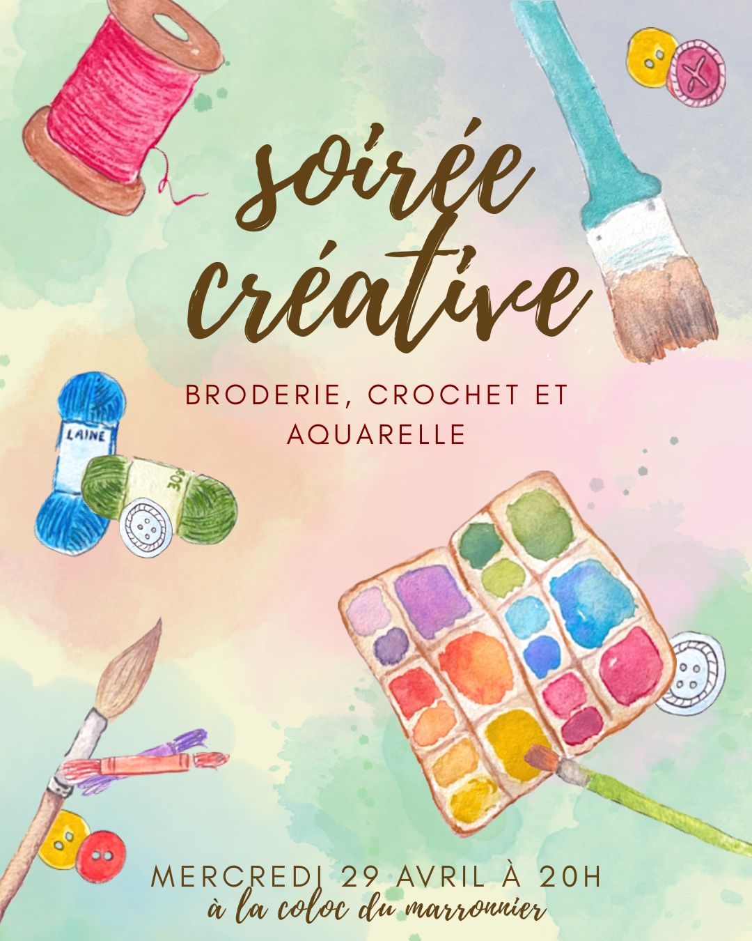 des outils d'arts créatif (fil, pinceaux, etc.)