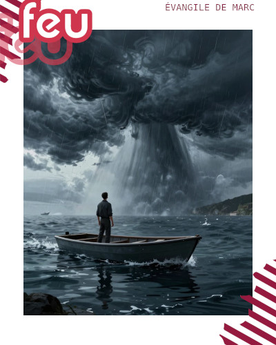 un homme sur une barque regarde tranquillement la tempête qui arrive sur lui
