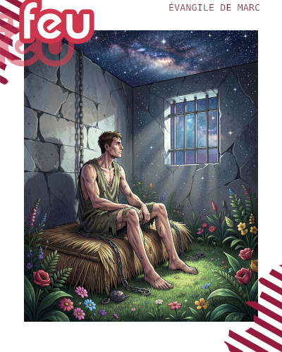 un prisonnier dans une geôle. mais le sol est un jardin, et les murs un ciel étoilé.