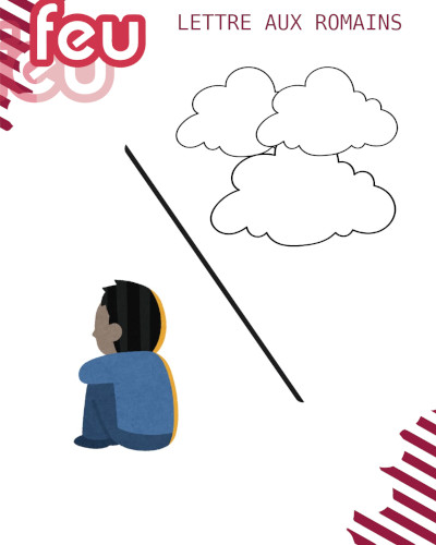 un personnage semble bouder en tournant le dos aux nuages. un gros trait noir fait la séparation entre le personnage et les nuages
