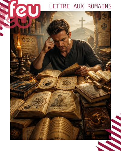 un personnage étudie quantité de livres de diverses religieux, mais dans son dos, une croix est dressée sur une colline