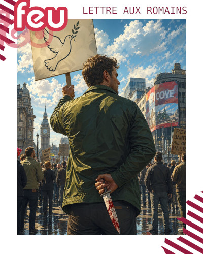 dans une manifestation, un personnage brandit d'une main une pancarte avec un symbole pacifiste, son autre main, dans son dos, tient un poignard ensanglanté